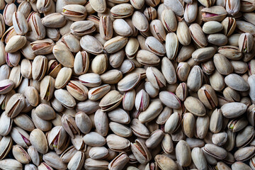 Pistachios texture and background. Pile pistachio kernels nuts with shell, closeup. Pistachio nuts. Whole nut kernels