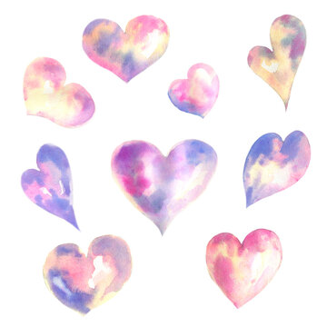 Watercolor set transparent volume hearts, soap bubbles in the form of hearts, valentine's day.