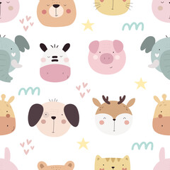 Seamless pattern with cute animals, decor elements. simple flat vector. Hand drawing for children. animal theme. baby design for fabric, textile, wrapper, print.