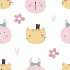 Seamless pattern with cute cat, hare, decor elements. simple flat vector. Hand drawing for children. animal theme. baby design for fabric, textile, wrapper, print.