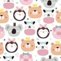 Seamless pattern with cute animals, decor elements. simple flat vector. Hand drawing for children. animal theme. baby design for fabric, textile, wrapper, print.