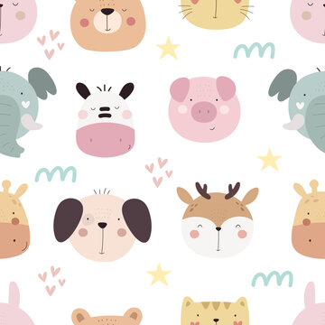 Seamless pattern with cute animals, decor elements. simple flat vector. Hand drawing for children. animal theme. baby design for fabric, textile, wrapper, print.