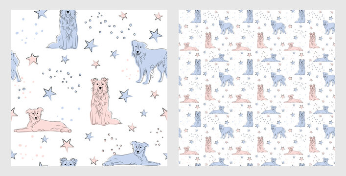 Pattern design with funny border collie dogs doodles, seamless pattern. T-shirt textile, wrapping paper, blue background graphic design. Wallpaper for Baby and kids. Blue and Pink linen style.