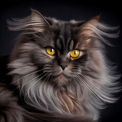  a fluffy cat with yellow eyes looking at the camera with a black background and a black background with a black background Generative AI