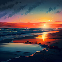 Sunset at the beach - illustration, oil painting style