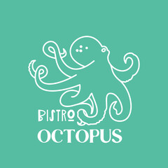 Logo template with octopus drawn by hand drawn lines. Emblem for the menu of fish restaurants, bistro, markets and shops. Vector illustration