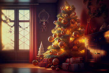 illustration of a room with a decorated christmas tree and presents