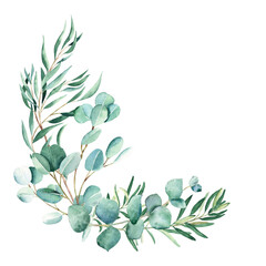 Obraz na płótnie Canvas Watercolor bouquet. Eucalyptus, pistachio and olive branches. True blue, willow, silver dollar. Hand drawn botanical illustration isolated on white background. Can be used for greeting cards, wedding
