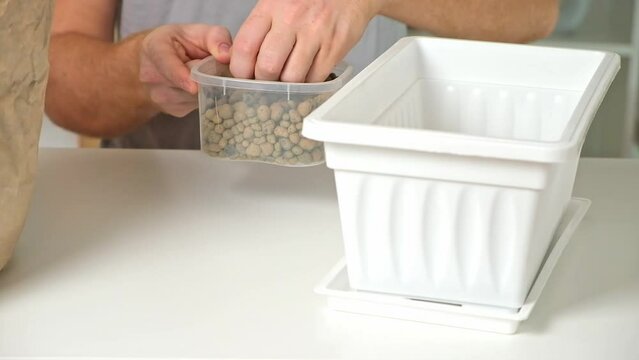 A man falls asleep in a flower box of expanded clay. Soil preparation, the first layer expanded clay. Preparation for planting plants. Gardening at home.