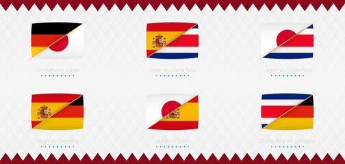 A set of Group E match icons of the 2022 international soccer tournament, the flag and a set of match icons on an abstract background.