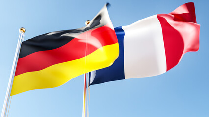 france and germany flags waving in the wind against a blue sky, 3d rendering