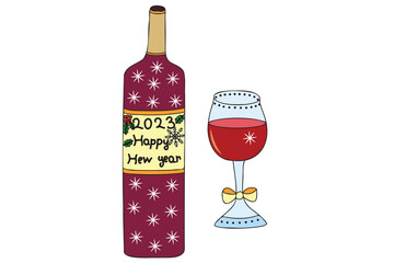 The picture shows red wine and a wine glass filled with wine, it is intended for New Year's, Christmas holidays, cards, printing and you can use it in different cases.