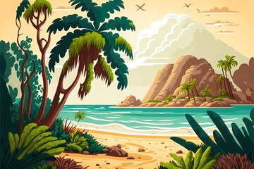 Fototapeta na wymiar Beach Landscape Constructor. Sandy Beaches, Tropical Palms, Mountains And Hills. Ocean Horizon, Clouds And Green Trees Cartoon Illustration Cartoon Style.