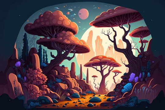 Parallax Background Alien Planet 2D Landscape With Fantasy Mushrooms Trees Or Buildings And Rocks. Extraterrestrial Nature Layered Scene For Computer Game. Cartoon 2D Illustrated Scenery View, Ui