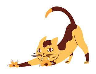 Doodle cat. Cute and funny pet vector illustration. Cartoon kitten character design. Adorable animal stretching itself
