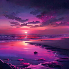Fototapeta na wymiar Purple and pink magical sunset on the beach
