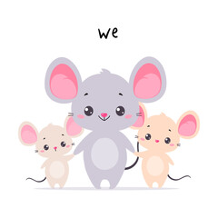 Little Mouse with Babies as We English Subject Pronoun for Educational Activity Vector Illustration