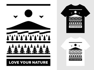Obraz premium Geometric mountain landscape and love your nature text t-shirt design template with black and white mockups