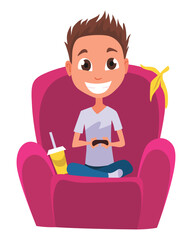 Video gaming kids. Boy playing games on joystick on game console. Kid video game addiction. Joyful teenager. Vector illustration of flat design