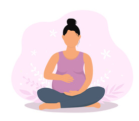Pregnant woman, expectant mother is sitting in the lotus position with crossed legs and a big belly. Female is expecting a baby. Vector graphics.
