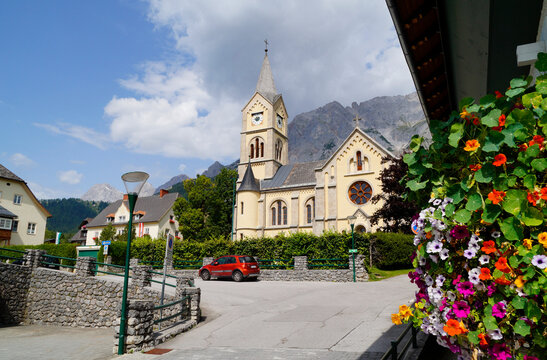 Protestant chruch or evangelical church in Ramsau by the foot of Dachstein mountain in the Austrian Alps (Liezen, state of Styria or Steiermark, Austria)	