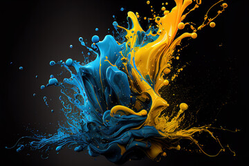 Blue and yellow varnish colors merging together on a dark background, abstract concept for a mobile phone or desktop wallpaper background. Digital 3D illustration. - obrazy, fototapety, plakaty