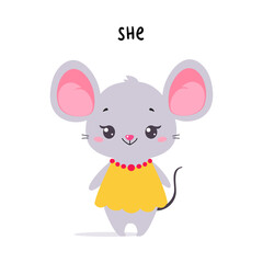 Obraz na płótnie Canvas Little Mouse in Yellow Dress as She English Subject Pronoun for Educational Activity Vector Illustration