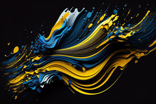 Blue and yellow varnish colors merging together on a dark background, abstract concept for a mobile phone or desktop wallpaper background. Digital 3D illustration.