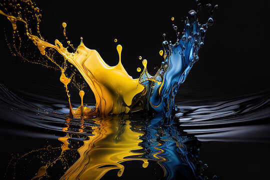 Blue and yellow varnish colors merging together over water on a dark background, abstract concept for a mobile phone or desktop wallpaper background. Digital 3D illustration.