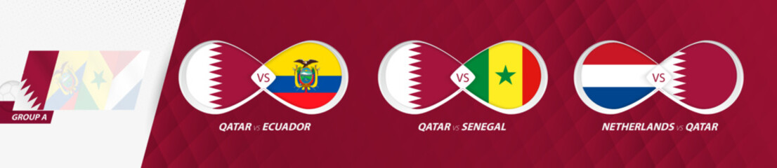 Qatar national team matches in group A, football competition 2022, all games icon in group stage.