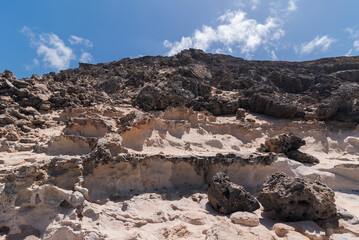 Black and white captivating coastline desert surface, west coast, Fuerteventura, Canary Islands, Spain