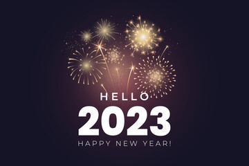 Hello 2023 greeting card design. Happy New Year 2023 text with realistic festive fireworks explosions isolated on dark background. Congratulation banner. Vector illustration.