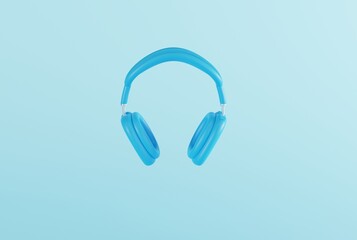 Headphones on a blue background. Concept of listening to music in headphones, subject of pastel headphones. Music technology. 3D render, 3D illustration.