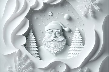 3d render festive Christmas concept Santa Claus with white paper cut elements background