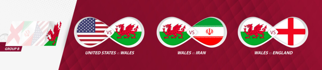 Wales national team matches in group B, football competition 2022, all games icon in group stage.