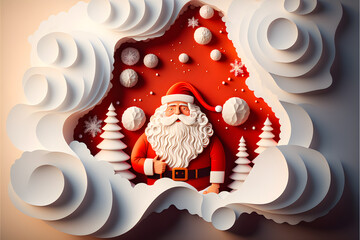 3d render festive Christmas concept Santa Claus with white paper cut elements background