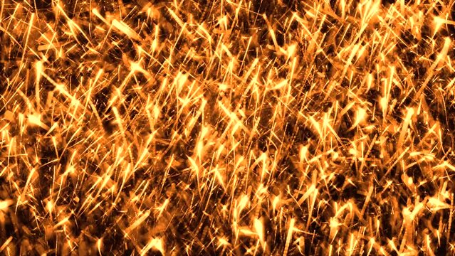 An abstract composite video of golden yellow light sparks fireworks particles shooting in various upward directions with light trails in a seamless loop pattern against a dark background.
