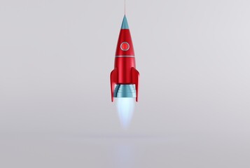 Rocket taking off against a light background. Take-off, business concept. Following goals, climbing, getting promoted. 3D render, 3D illustration.