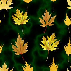Seamless pattern of real multi-colored autumn leaves on a green abstract background