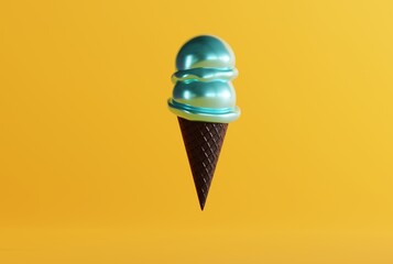 Ice cream in a black waffle on the ground and yellow background. The concept of eating ice cream, cooling down. Modern ice cream with a black waffle. 3D render; 3D illustration.