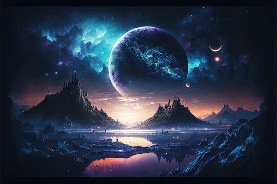 Modern Futuristic Fantasy Night Landscape With Abstract Islands And Night Sky With Space Galaxies