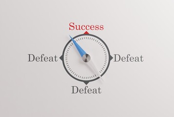 Compass pointing in the direction of success. The concept of winning, achieving success. A compass showing the direction of success instead of fail. 3D render; 3D illustration.