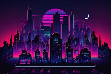 Modern City Night Skyline Neon Cartoon