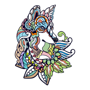 Colorful Wolf head mandala arts isolated on white background