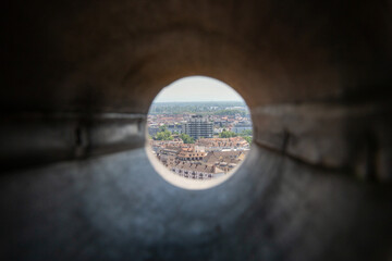 Views from the top of Strasbourg Cathedral through a metal tube