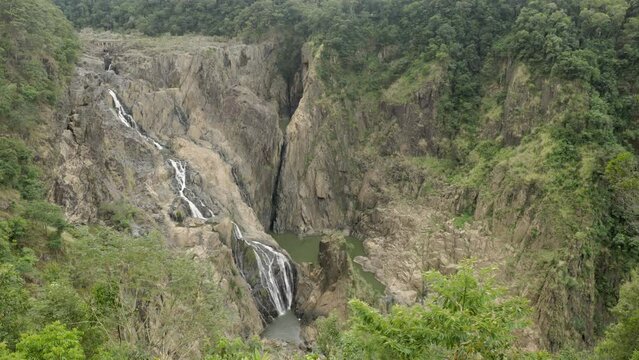a high angle shot of barron falls at kuranda during the dry season in north qld, australia