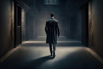 Fototapeta premium Businessman CEO manager walking. Back view of man in suit.