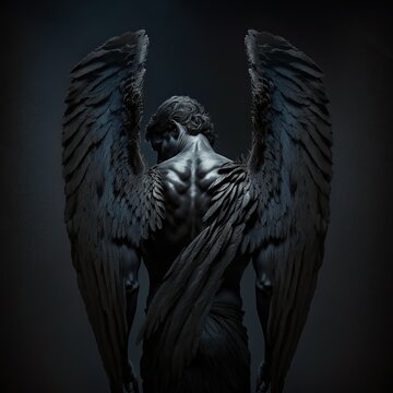 Dark angel with wings. 3d render. Back view.