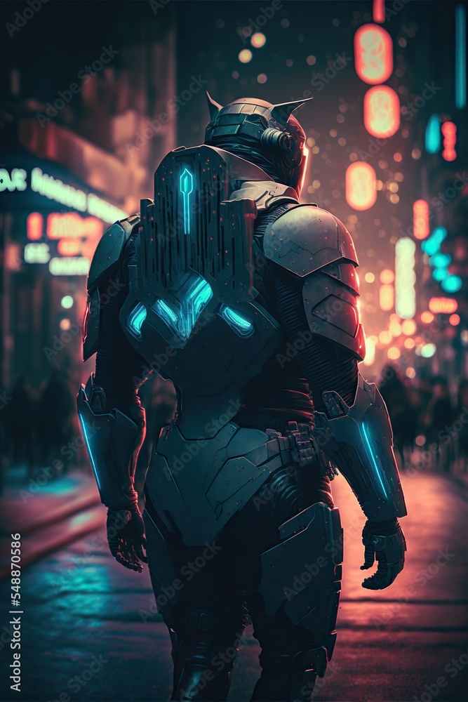 Sticker Cyberpunk knight in night city streets. Neon black armor. Back view of character.