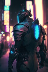 Cyberpunk knight in night city streets. Neon black armor. Back view of character.